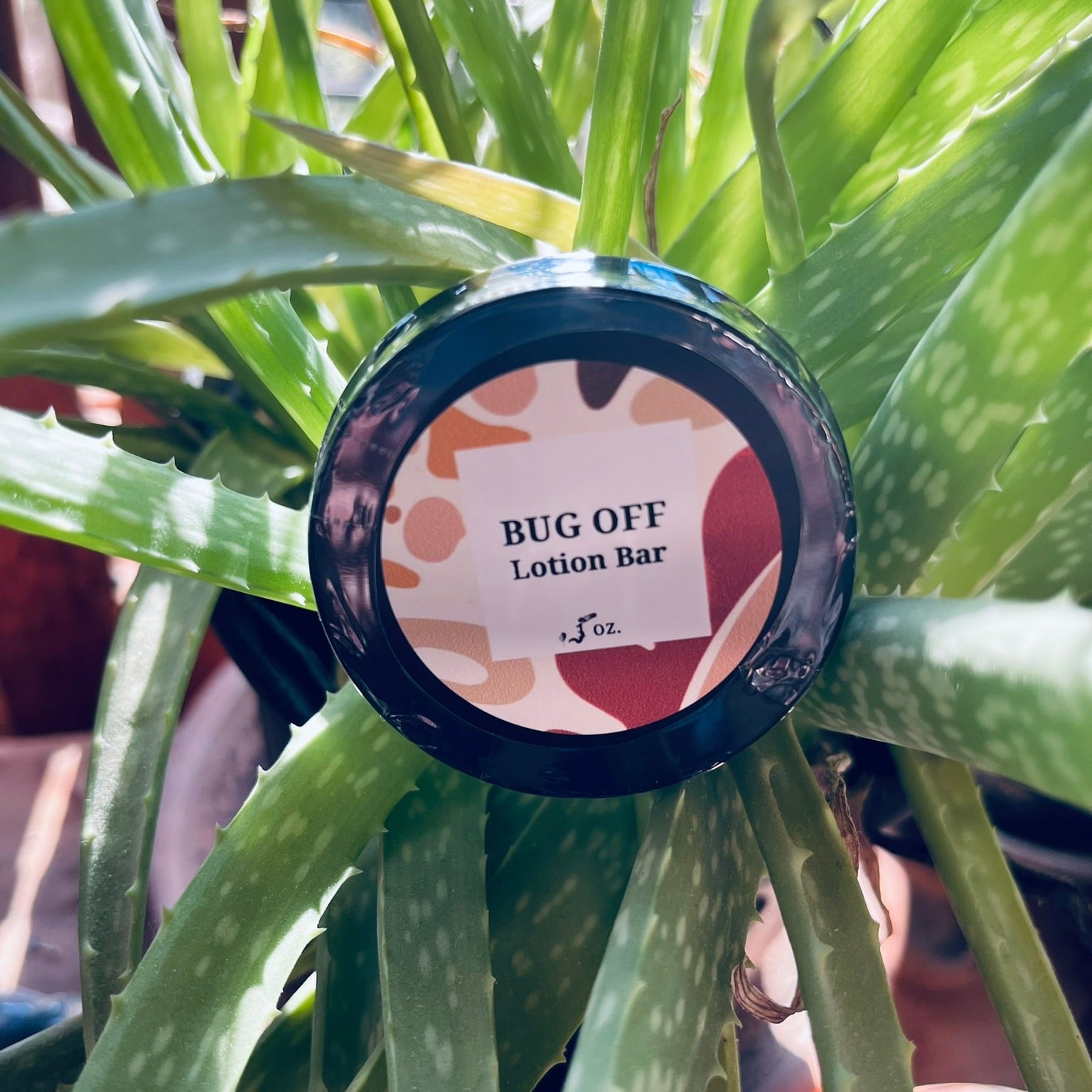 Single Tin of Bug Off Lotion Bar on Plant
