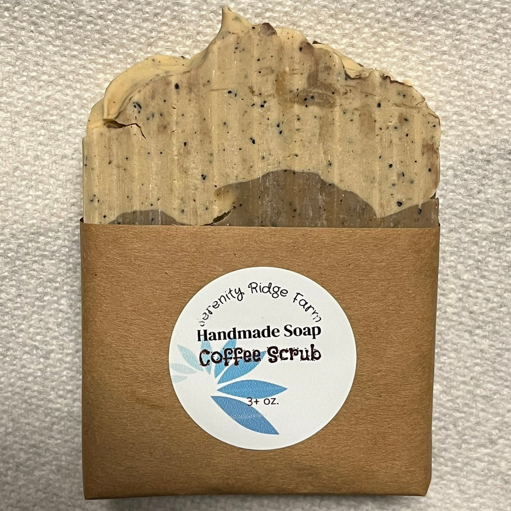 Handmade soap bar with a label on a textured surface