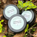 Three tins of Jewelweed Salve on leaves.