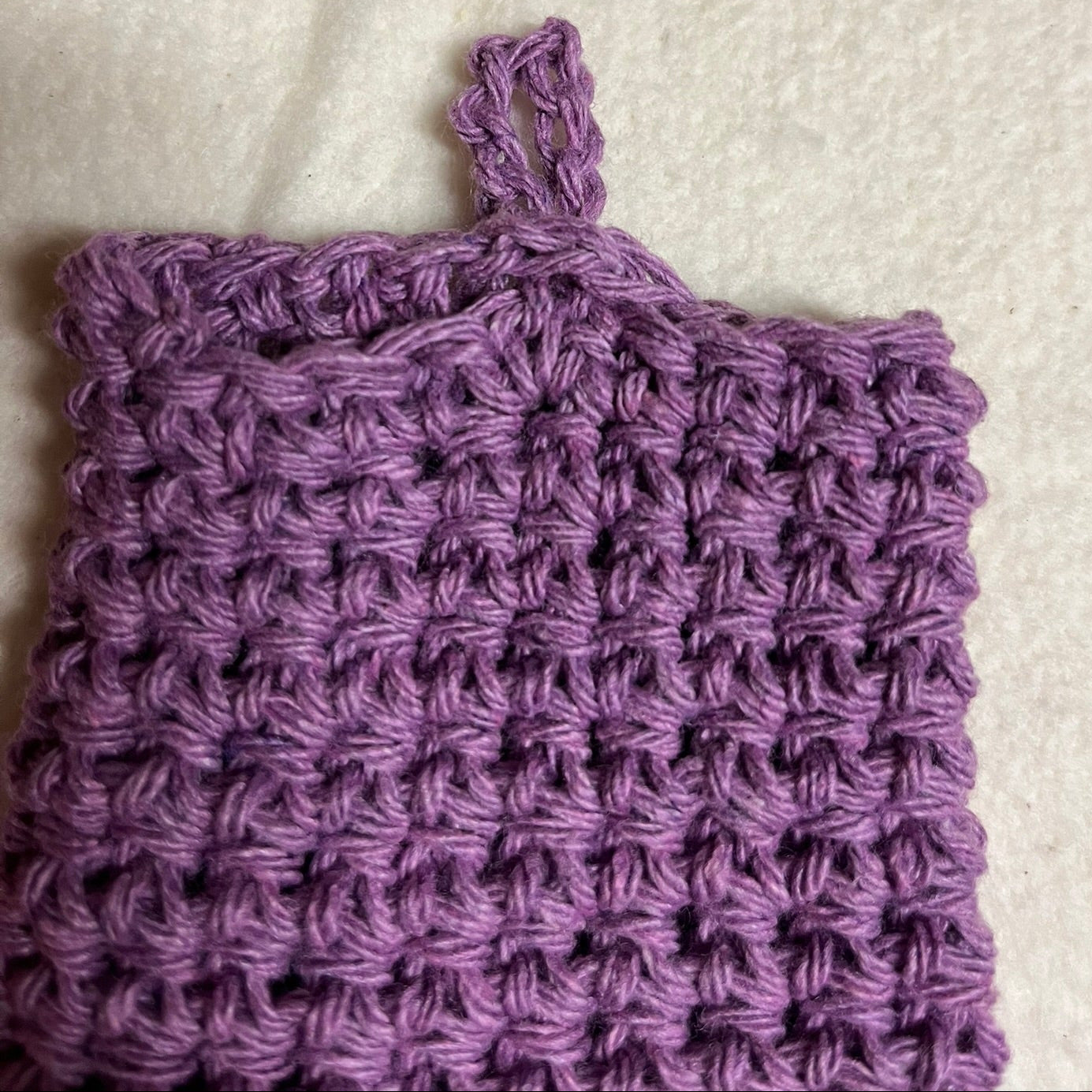 lavender purple crochet soap bag.